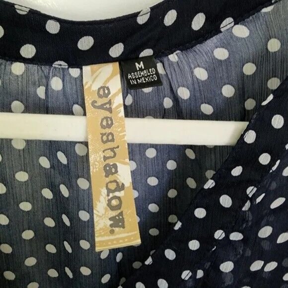 Eyeshadow Junior's Polka Dot Sheer V-Neck Half Sleeve Button-Down Blouse Medium - Picture 2 of 10
